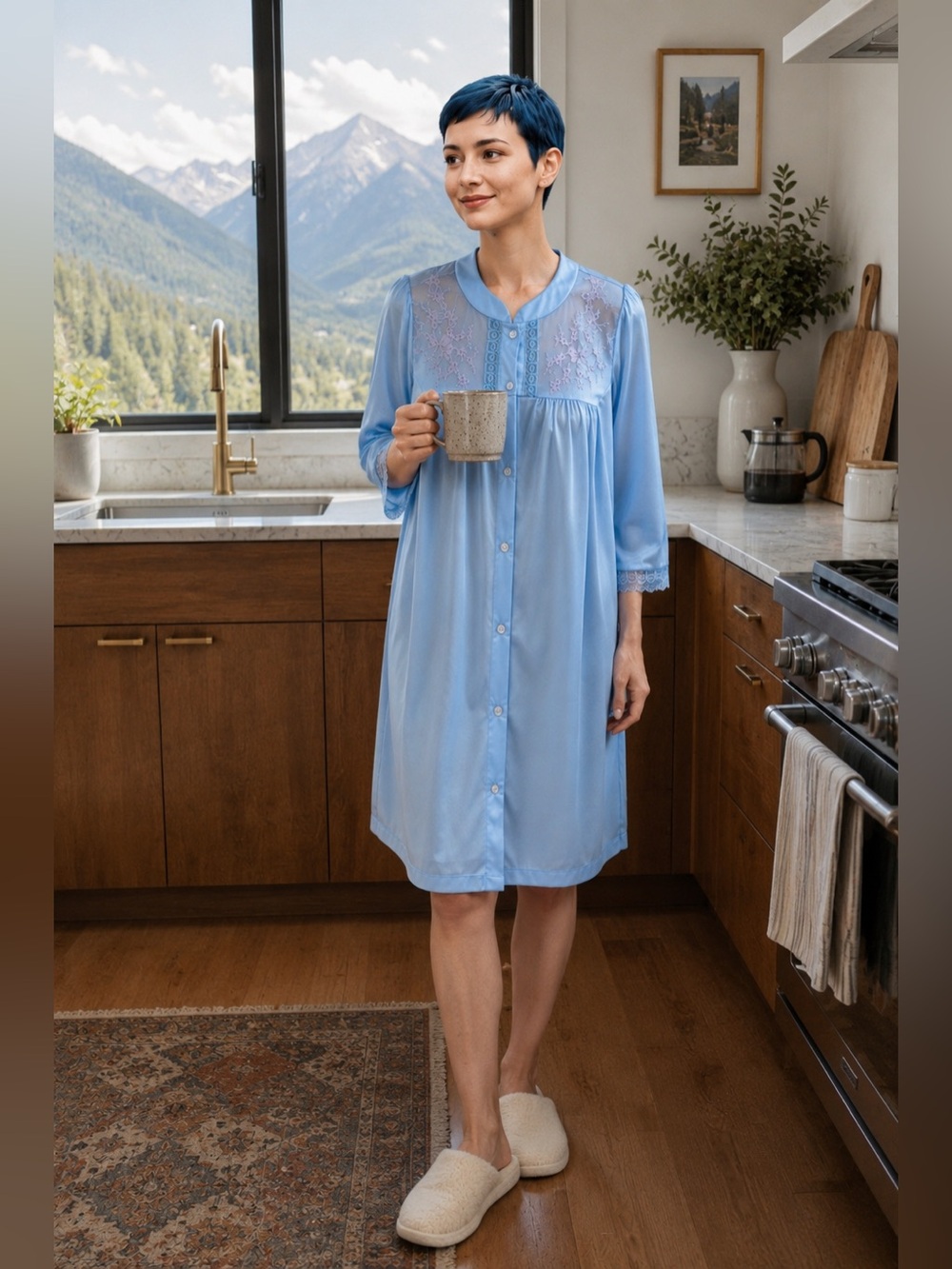 Vintage Da Notte Blue Nylon Lace Housecoat Robe M 1970s Made USA